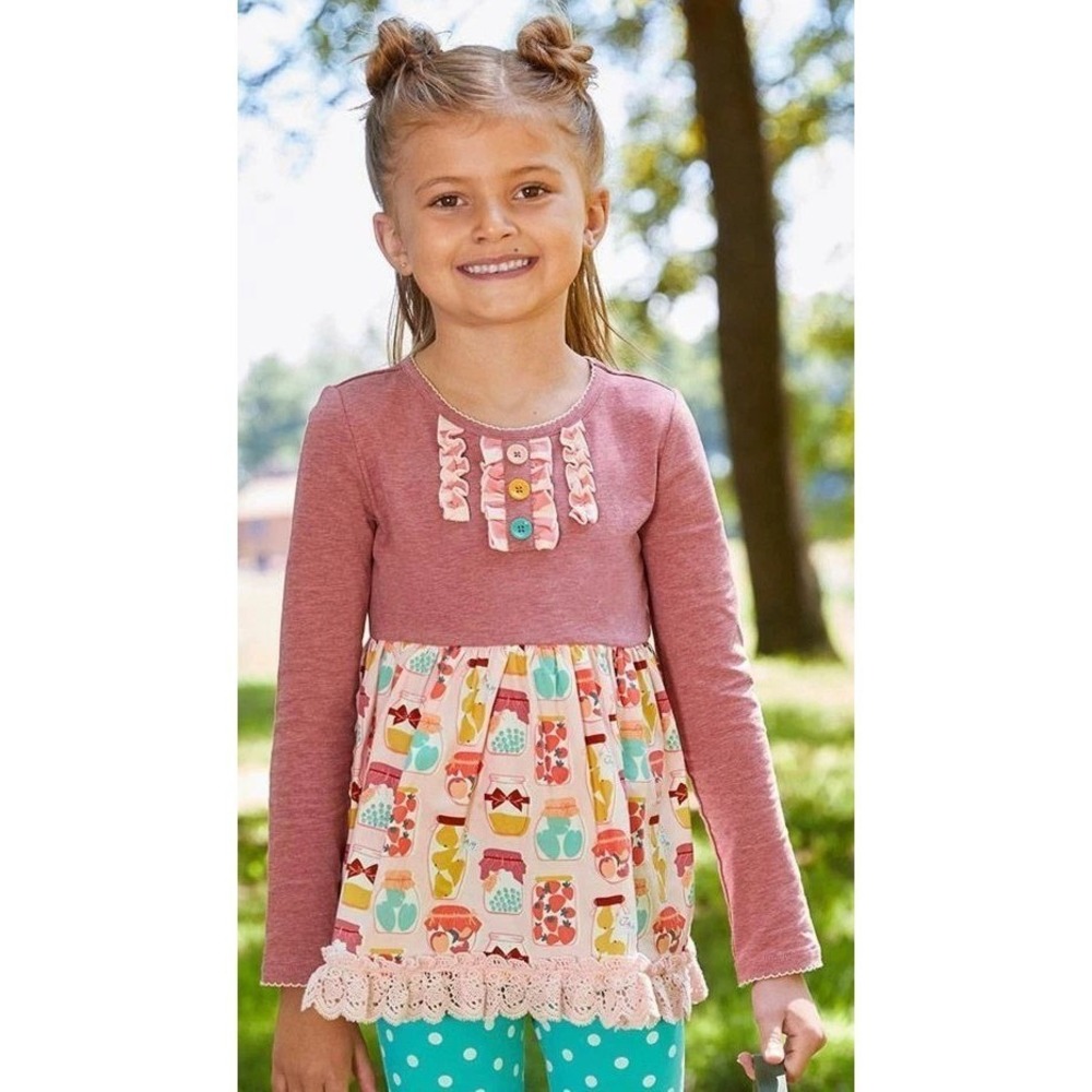 Matilda Jane Girls Long Sleeve Jam Jar Print Top Size 4 Pink Lace Trim